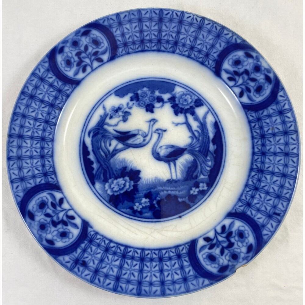 Flow Blue Mongolia Luncheon Plate 8 7/8" England Johnson Brothers Birds Antique